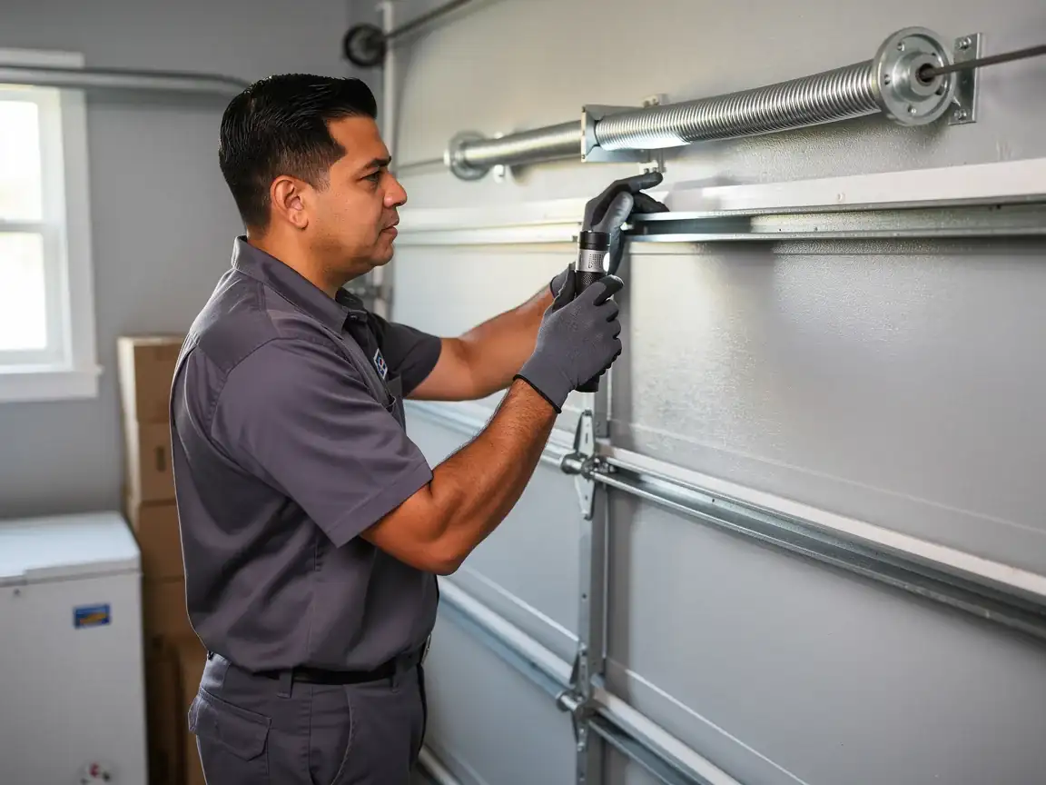 A technician holds a flashlight and works on a garage door torsion spring.