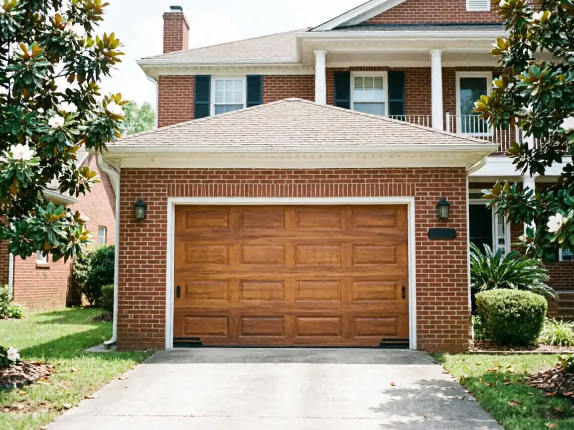 The garage door is a wooden panel door on a brick house.
