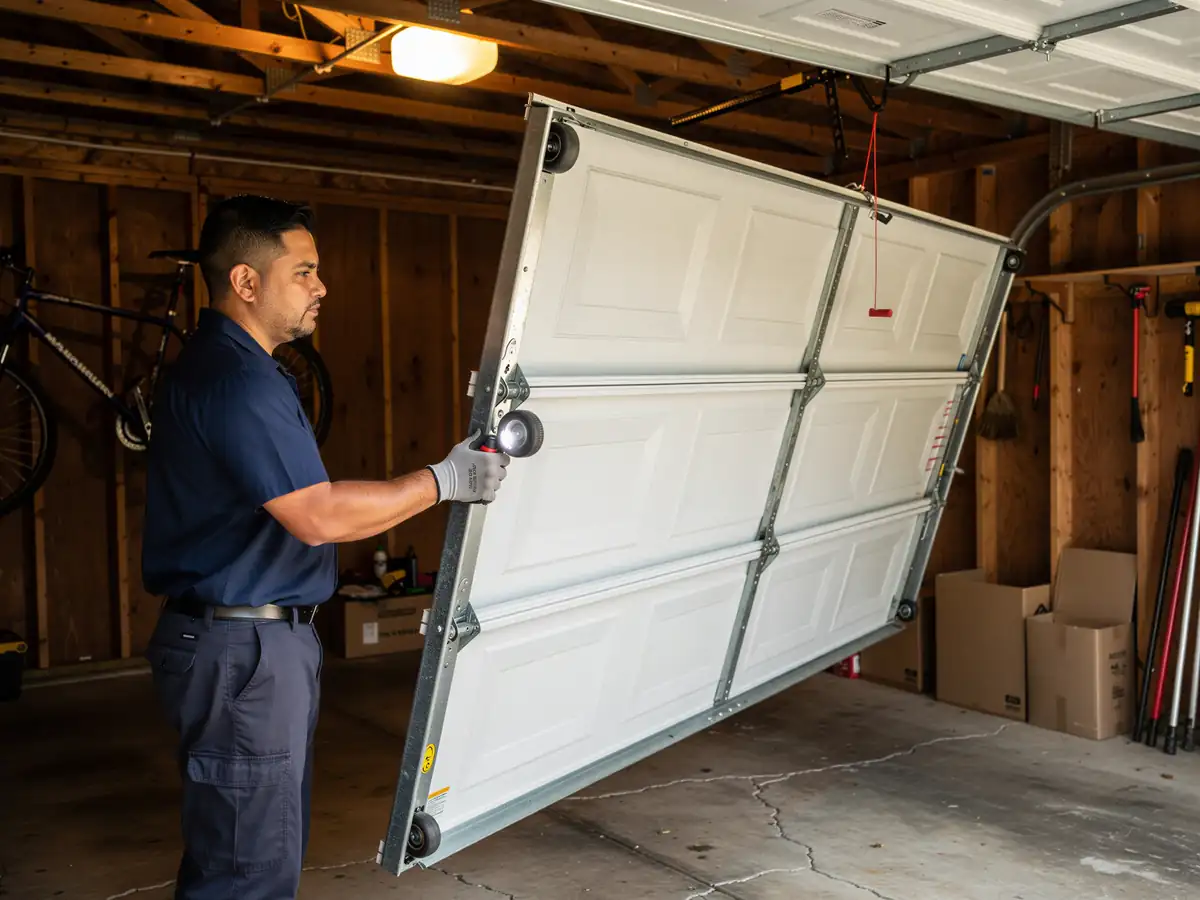 A technician holds a flashlight while working on a white garage door.