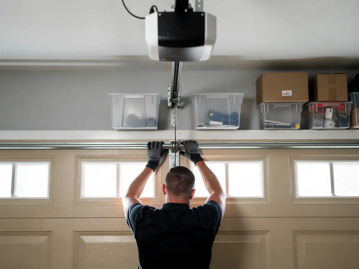 A technician in gloves works on a garage door with windows and an opener.