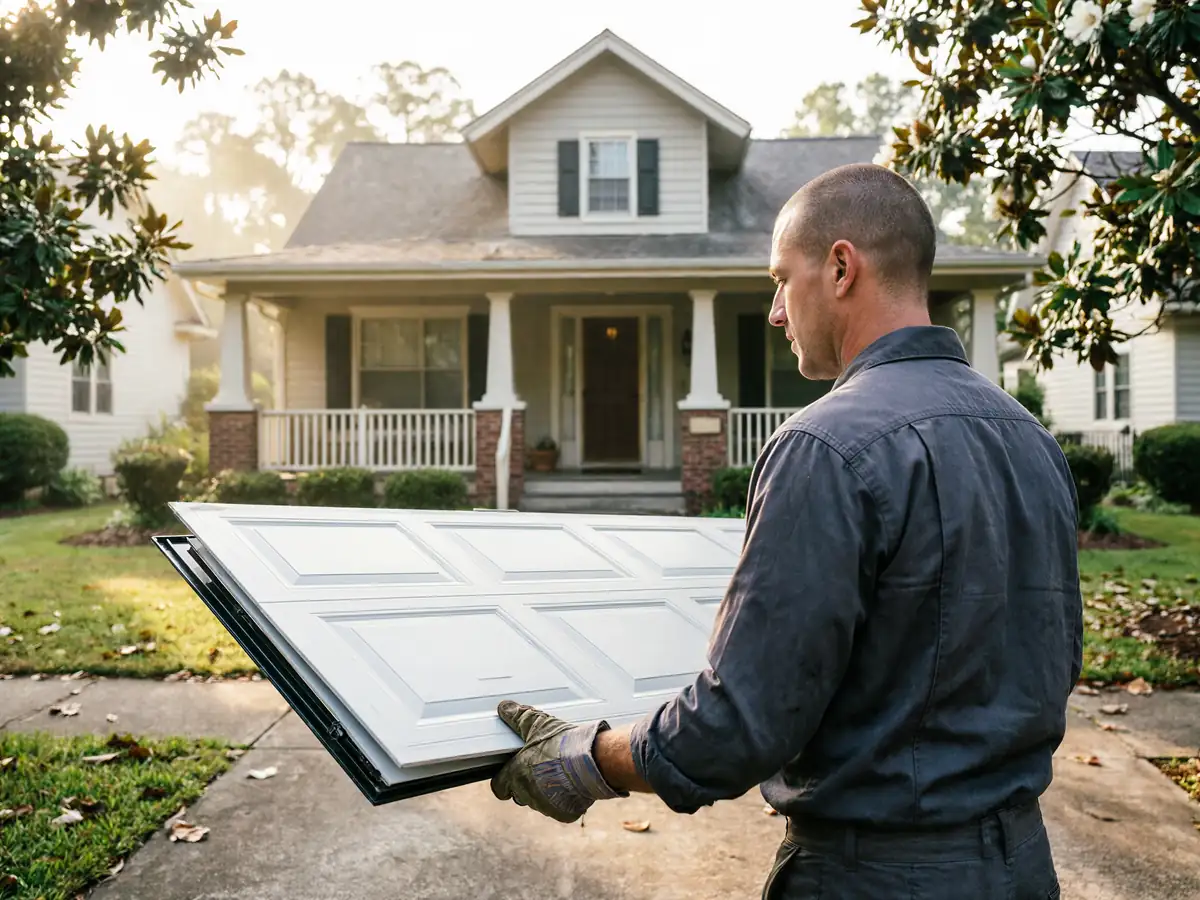 A technician carries a white garage door panel in front of a house.